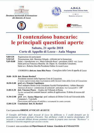 Corte di Appello Lecce: Convegno in data 21 aprile 2018 - &quot;Il contenzioso bancario: le principali questioni aperte&quot;