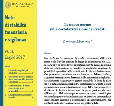 Banca d&#039;Italia: recenti modifiche alla Legge n.130/1999 sulla cartolarizzazione dei crediti