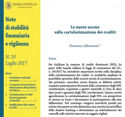 Banca d'Italia: recenti modifiche alla Legge n.130/1999 sulla cartolarizzazione dei crediti